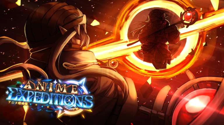 Anime Expeditions hero firing through a glowing orange portal